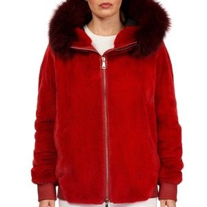 Maurizio Braschi Zip-Front Mink Fur Bomber Jacket w/ Fox Fur Trim in Red